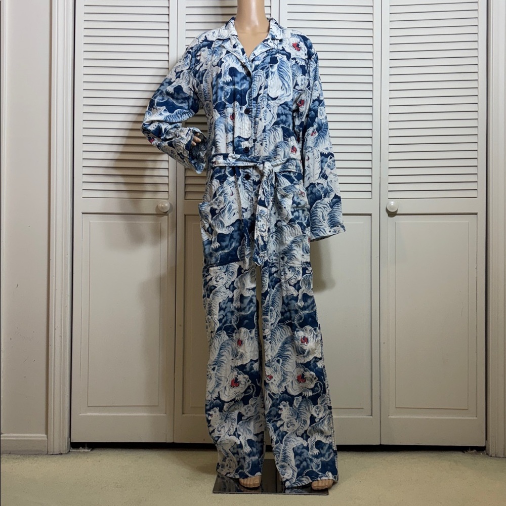 Blue and White Floral Button-Front Jumpsuit with Tie Waist